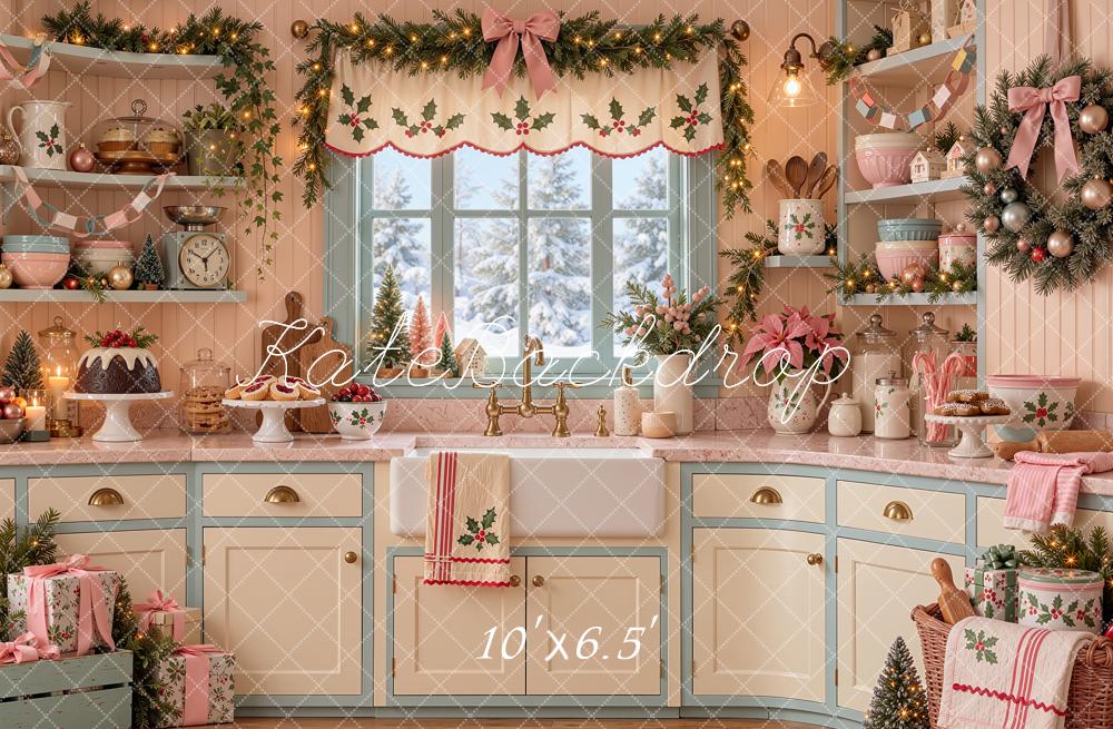 Kate Christmas Kitchen Pink White Garland Baking Printed Backdrop Designed by Shutter Swan Studios