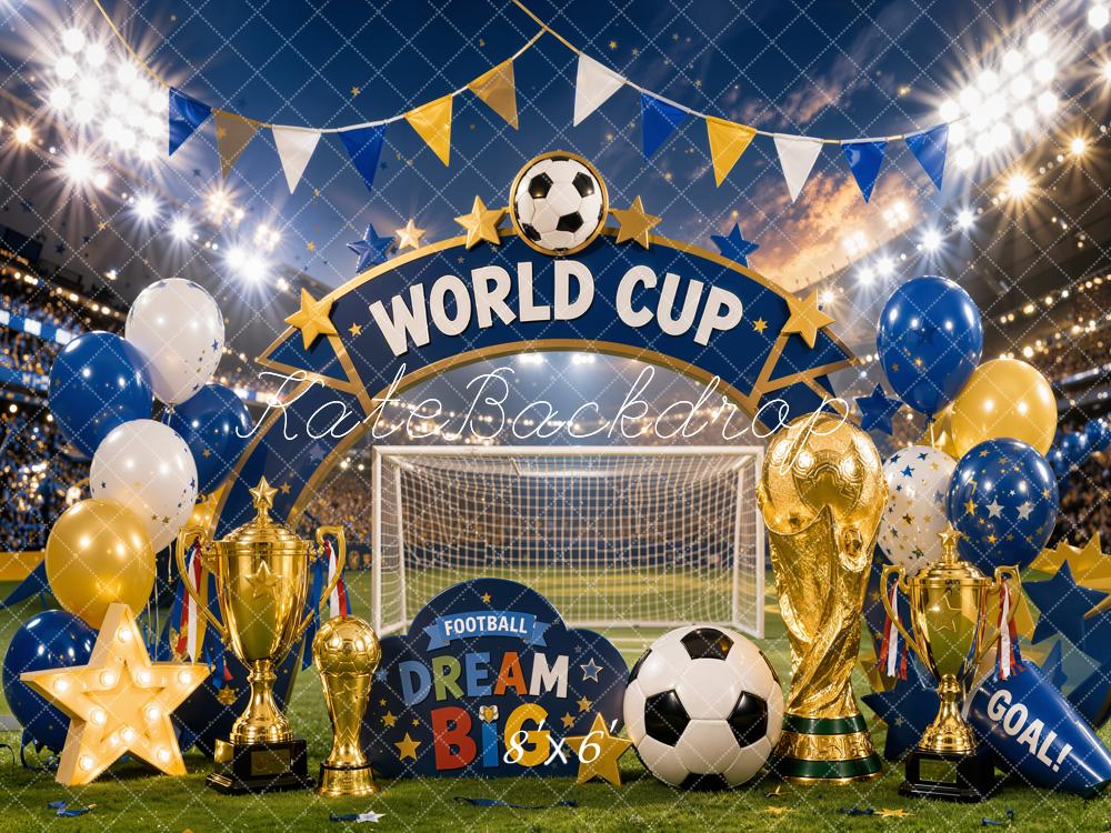 Kate Soccer World Cup Trophy Gold Balloons Stadium Printed Backdrop Designed by Chain Photography