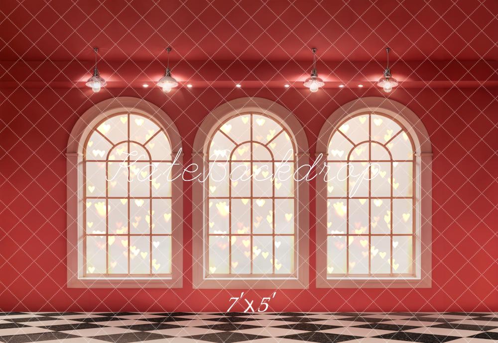 Kate Valentine's Day Romantic Red Heart Arched Window Backdrop for Photos Designed by Emetselch