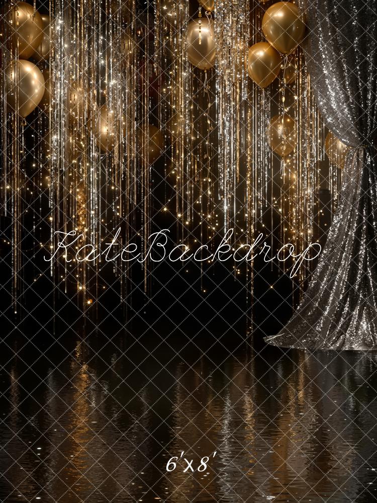 Kate New Year Gold Balloons Glittering Streamers Sequin Curtains Black Printed Backdrop Designed by Emetselch