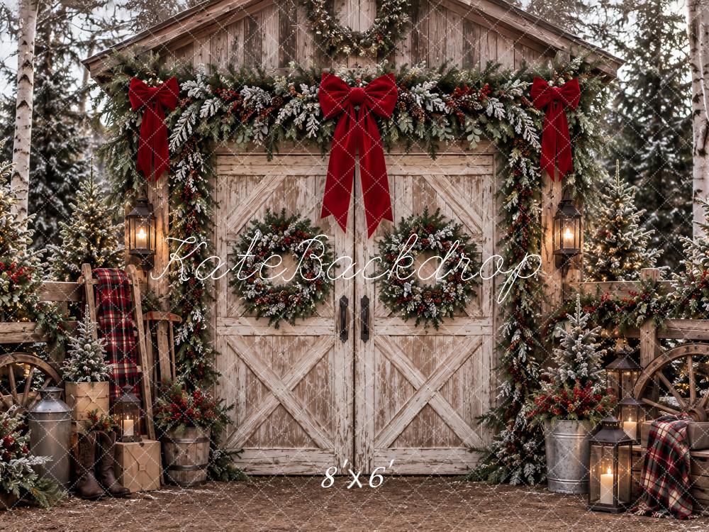 Kate Christmas Rustic Barn Door Snowy Garland Red Bows Printed Backdrop Designed by Ashley Paul