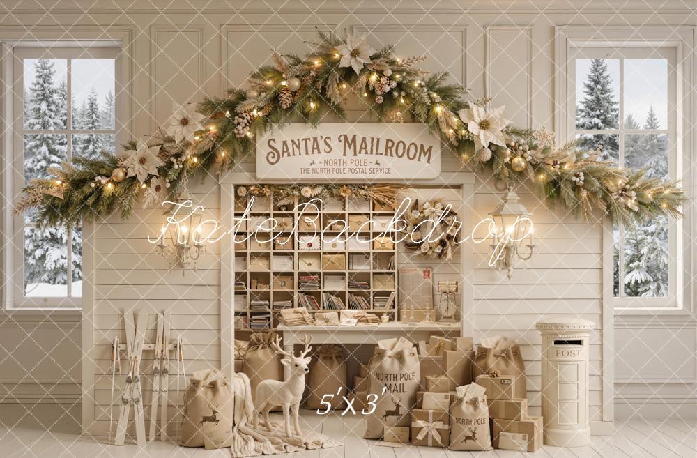 Kate Christmas Mailroom Garland Gifts Reindeer White Window Printed Backdrop Designed by Emetselch