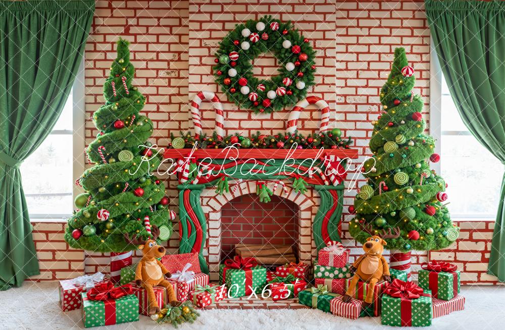 Kate Christmas Fireplace Brick Wreath Tree Gifts Reindeer Plush Backdrop Designed by Emetselch