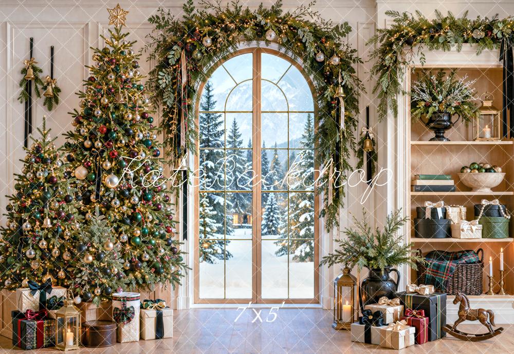 Kate Christmas Tree Garland Arched Window Shelf Printed Backdrop Designed by Mini MakeBelieve