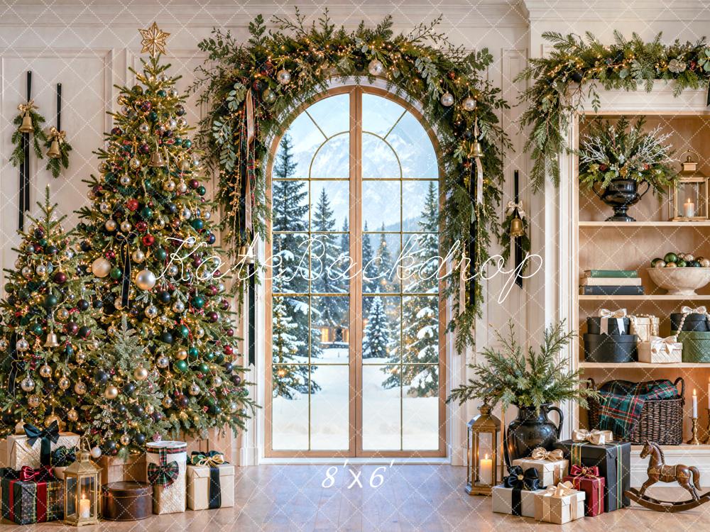 Kate Christmas Tree Garland Arched Window Shelf Printed Backdrop Designed by Mini MakeBelieve