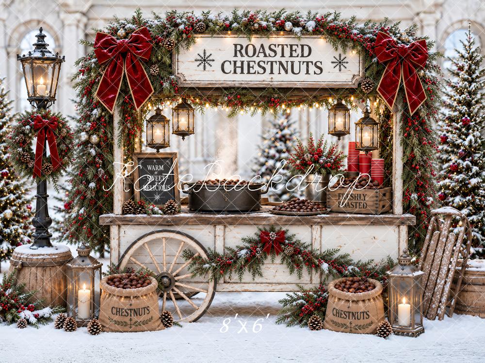 Kate Christmas Roasted Chestnut Cart Snowy Red Bow Printed Backdrop Designed by Ashley Paul