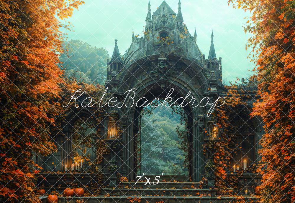 Kate Halloween Gothic Castle Maple Leaves Backdrop Designed by Emetselch