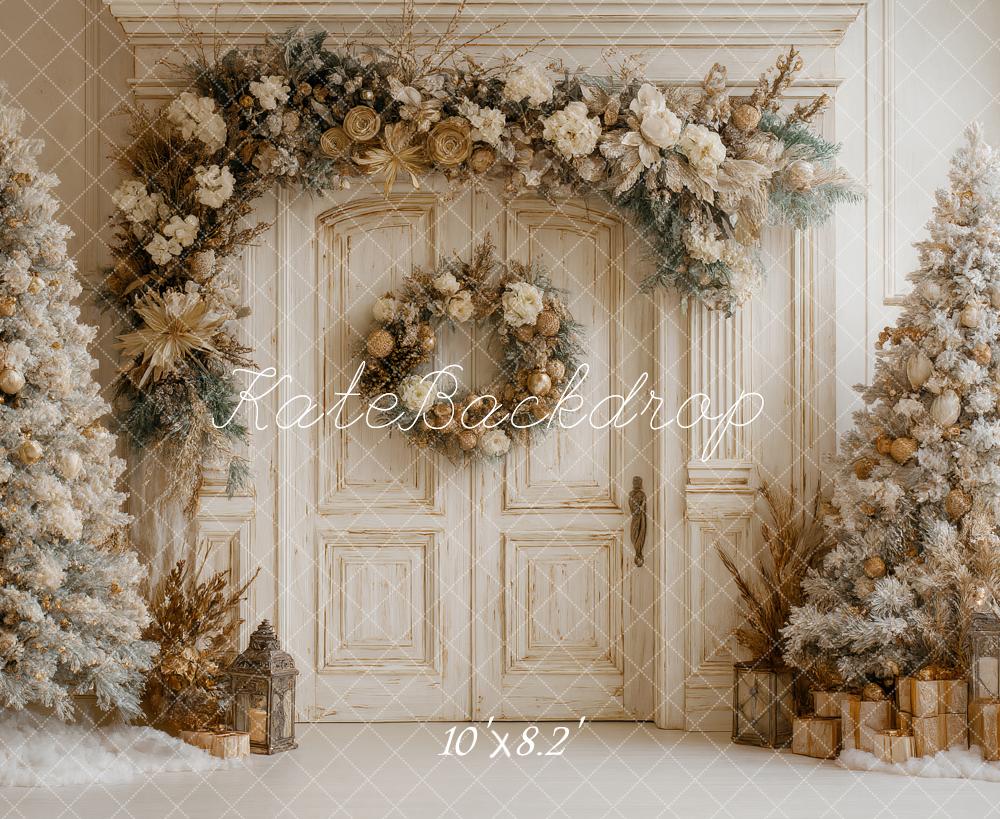 Kate Christmas Boho Gold White Trees Floral Door Backdrop Designed by Ashley Paul