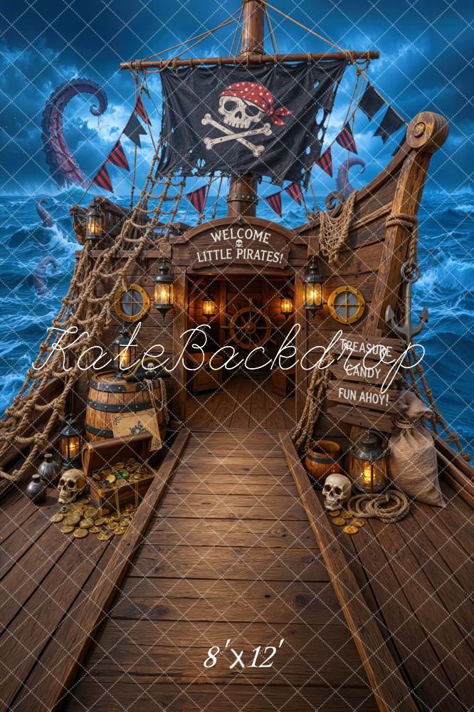 Kate Halloween Trunk or Treat Pirate Ship Treasure Skull Ocean Printed Backdrop Designed by Mini MakeBelieve