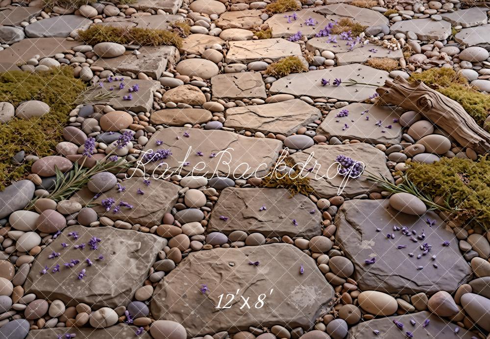 Kate Stone Pathway Pebbles Moss Log Purple Flowers Floor Printed Backdrop Designed by Kate Image