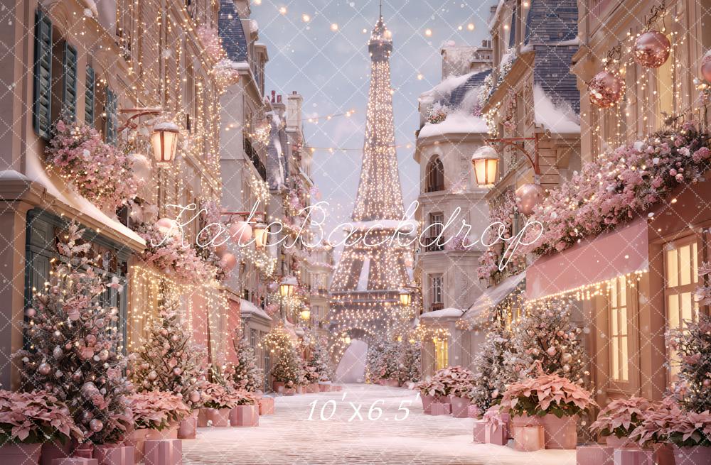 Kate Christmas Paris Eiffel Tower Pink Floral Snowy Street Backdrop Designed by Ashley Paul