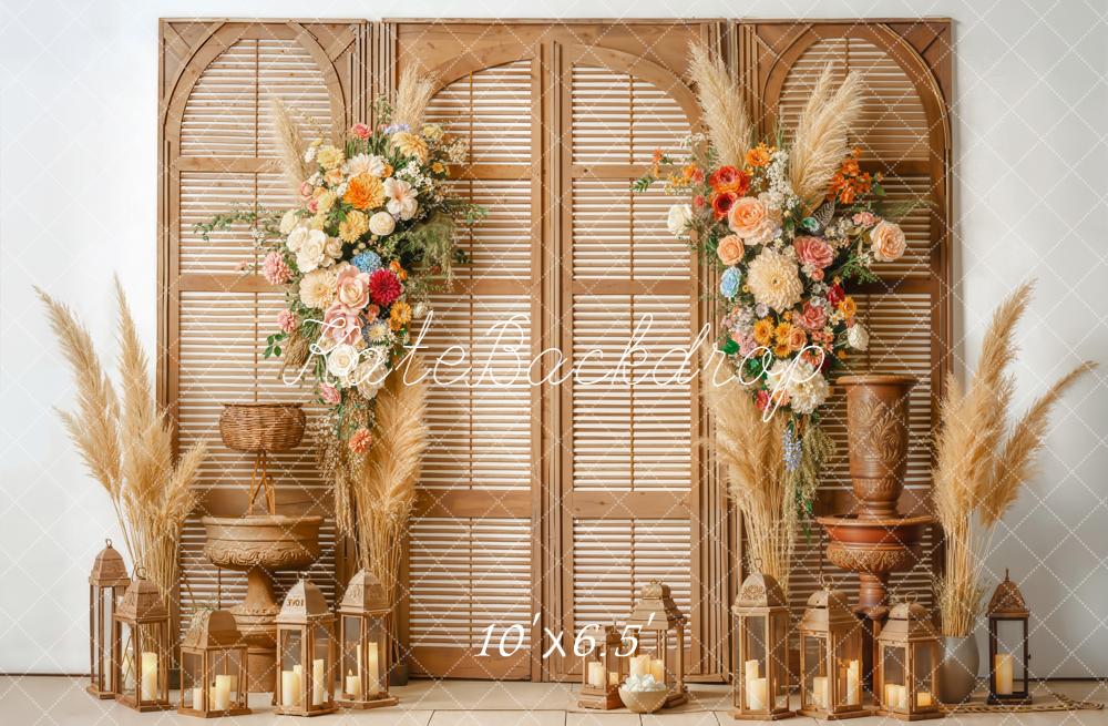 Kate Boho Pampas Grass Shutter Panel Lanterns Flowers Backdrop Designed by Emetselch