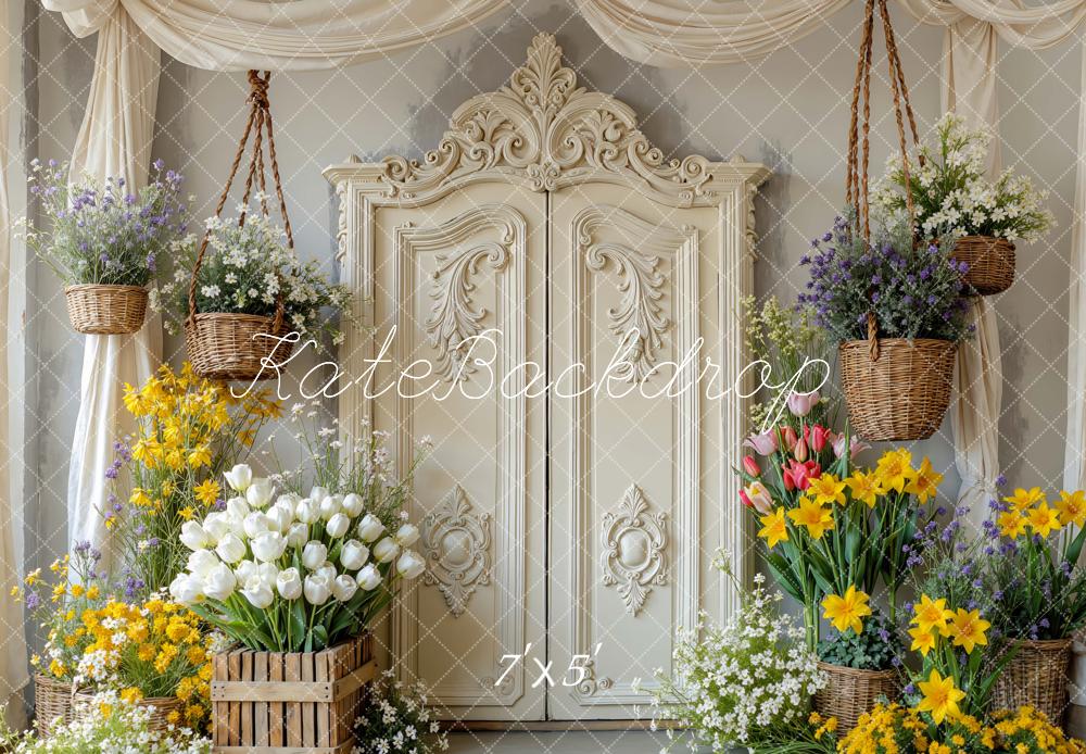 Kate Spring Flowers Retro Cream Door Hanging Baskets Backdrop Designed by Mini MakeBelieve