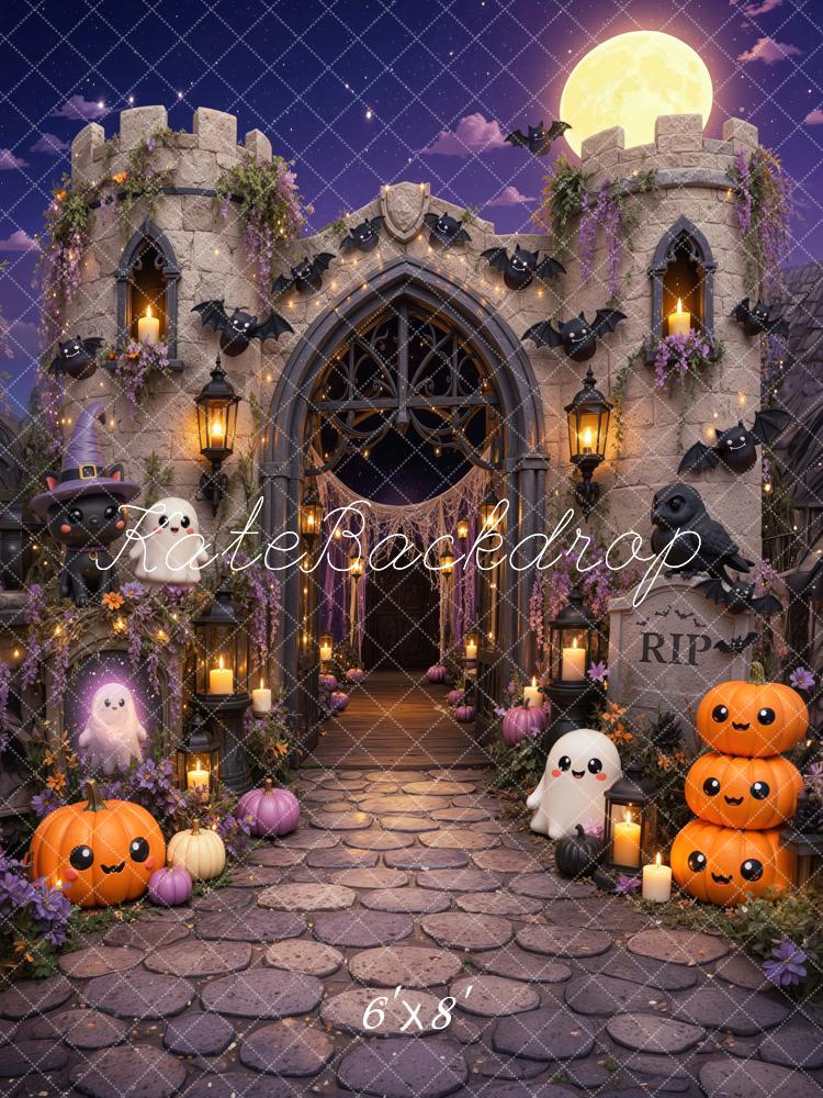 Kate Halloween Trunk or Treat Cute Castle Ghosts Pumpkins Bats Printed Backdrop Designed by Mini MakeBelieve