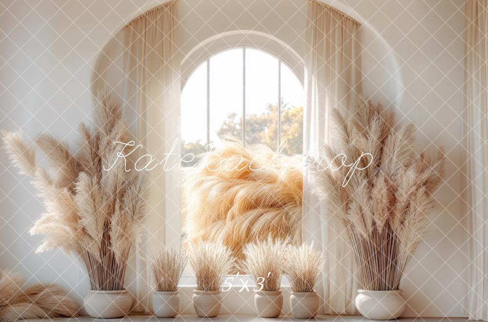 Kate Boho Pampas Grass Arched Window Backdrop Designed by Mini MakeBelieve