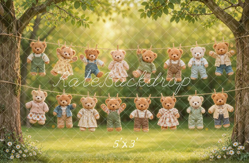 Kate Laundry Day Teddy Bears Clothesline Outdoor Trees Printed Backdrop Designed by Emetselch