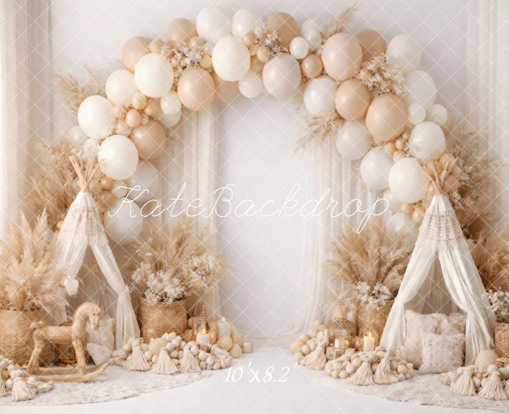 Kate Boho Flower Arch Balloon Tent Beige Printed Backdrop Designed by Vertigo Productions