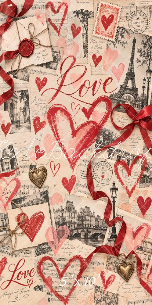 Kate Valentine's Day Newspaper Eiffel Tower Love Hearts Collage Printed Backdrop Designed by Chain Photography