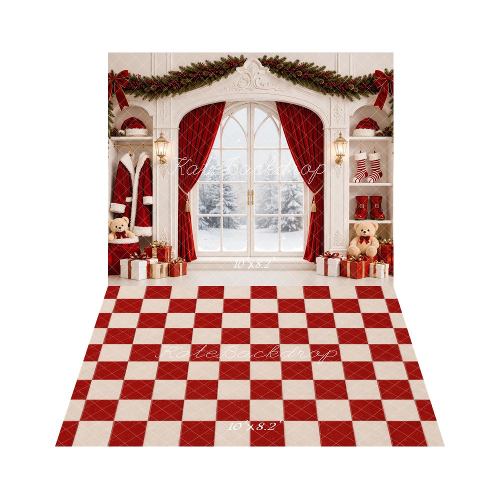 Kate Christmas Window Garland Red Curtains Gifts Santa Printed Backdrop+Red White Quilted Checkerboard Printed Backdrop
