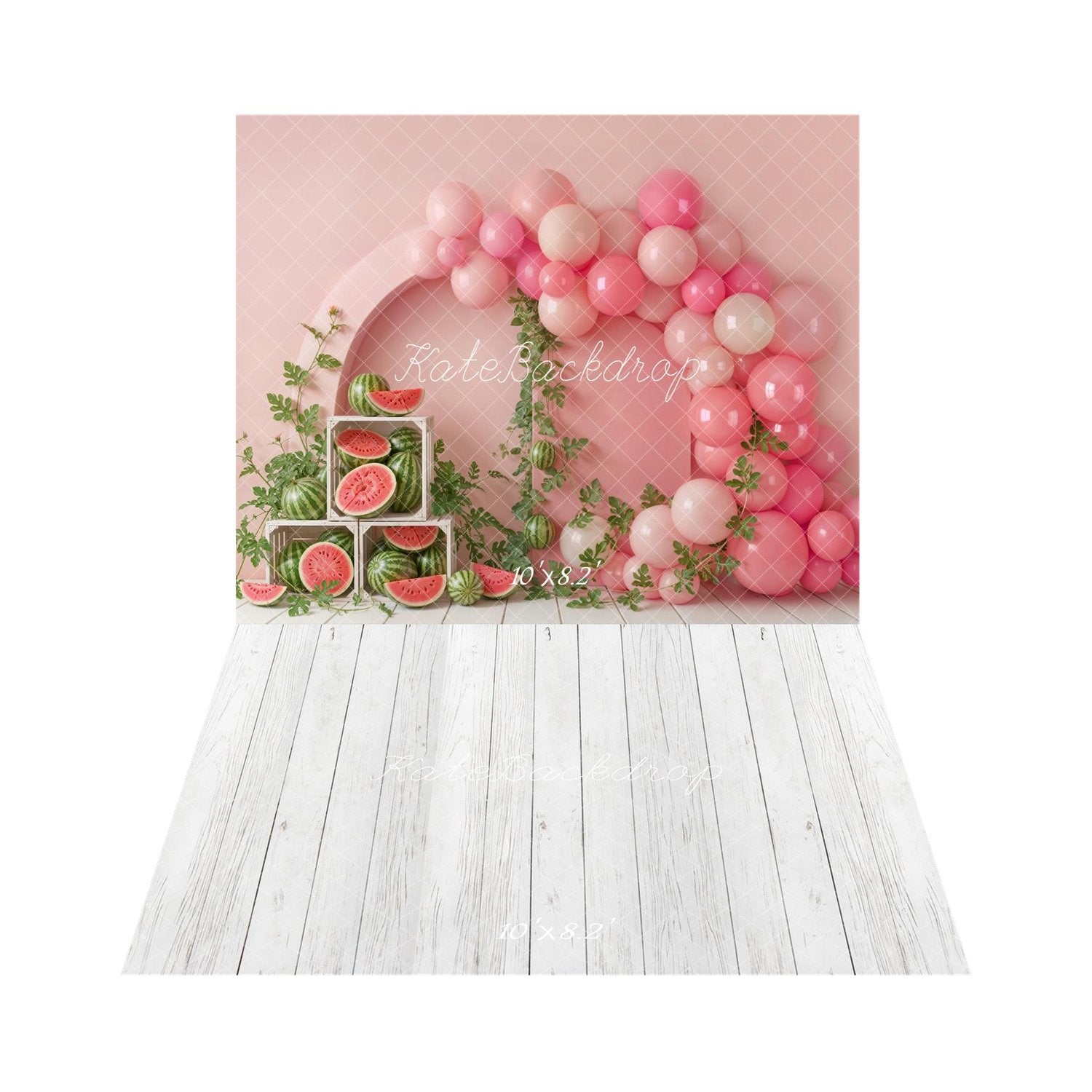 Kate Cake Smash Pink Balloon Arch Watermelon Crate Greenery Printed Backdrop+White Wooden Floor Printed Backdrop