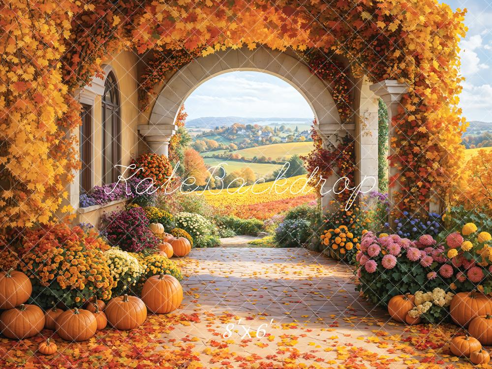 Fall Floral Pumpkin Retro Archway Field Foto Achtergrond Designed by Emetselch