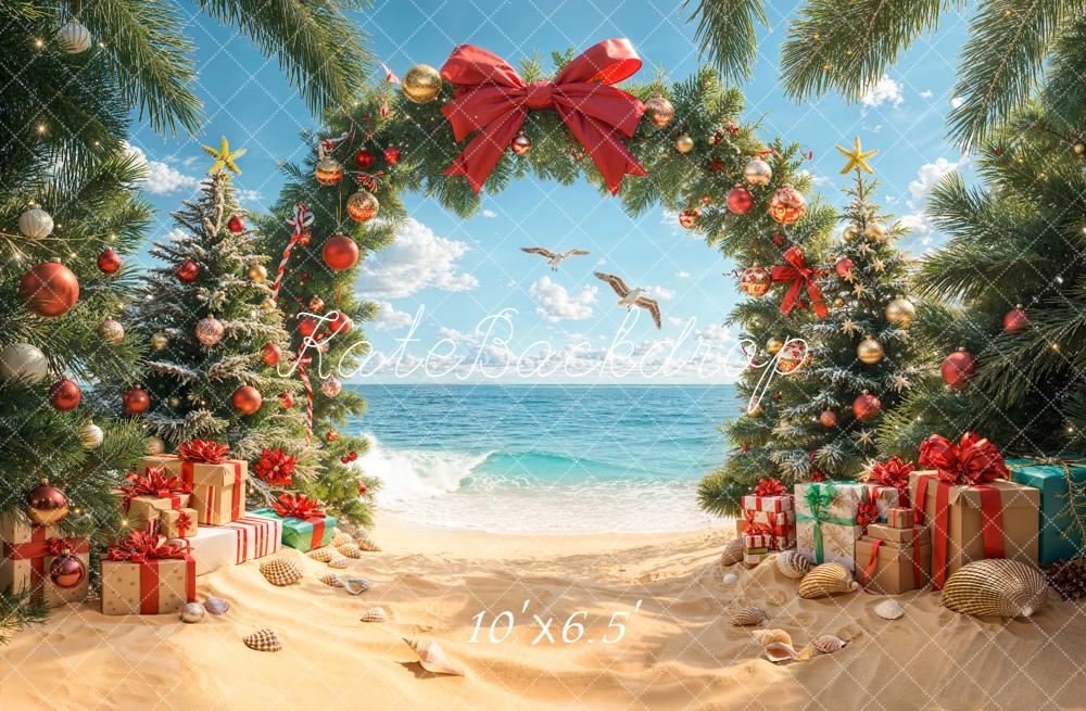 Kate Christmas Beach Tree Arch Gifts Bow Backdrop Designed by Emetselch