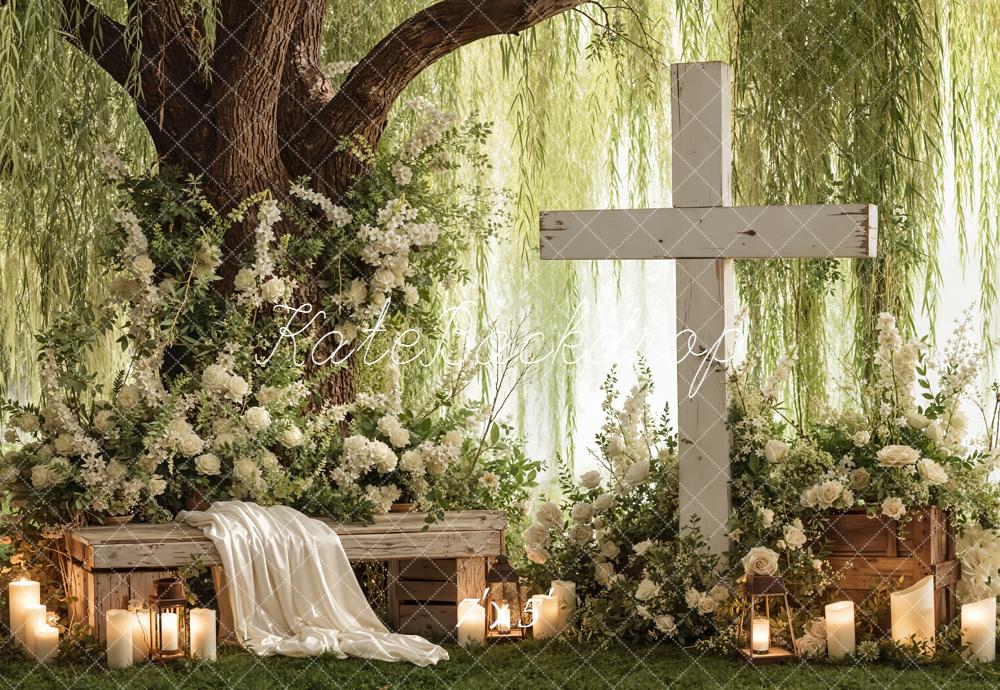 Kate Spring Cross Floral Bench Candles and Willow Tree Backdrop Designed by Emetselch