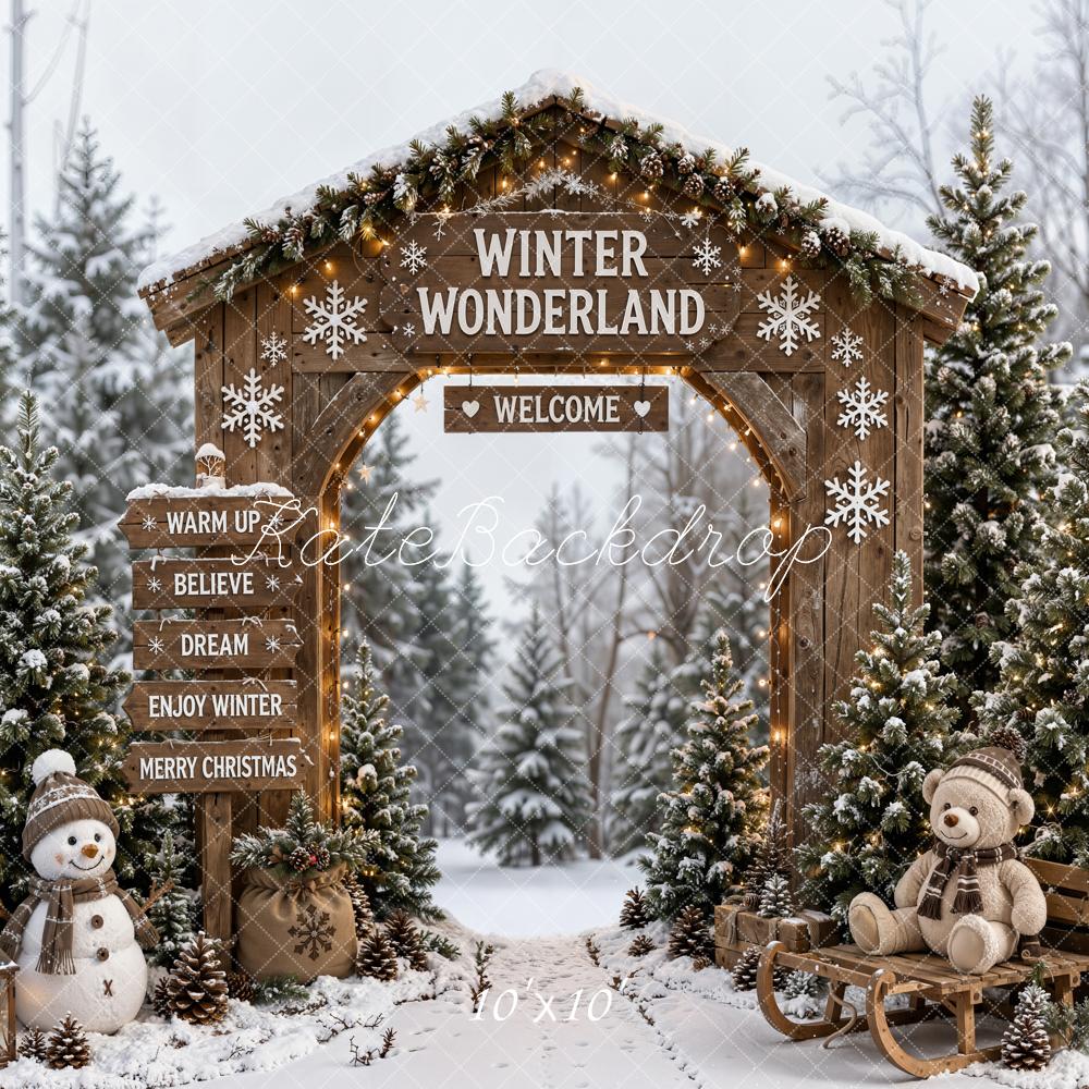 Kate Christmas Winter Wonderland Wood Arch Snowy Pines Snowman Printed Backdrop Designed by Emetselch