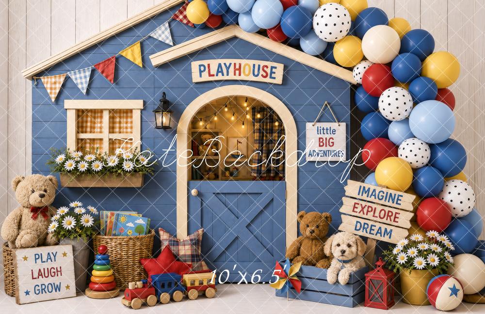 Kate Cake Smash Playhouse Blue Balloons Teddy Bears Toys Printed Backdrop Designed by Shutter Swan Studios