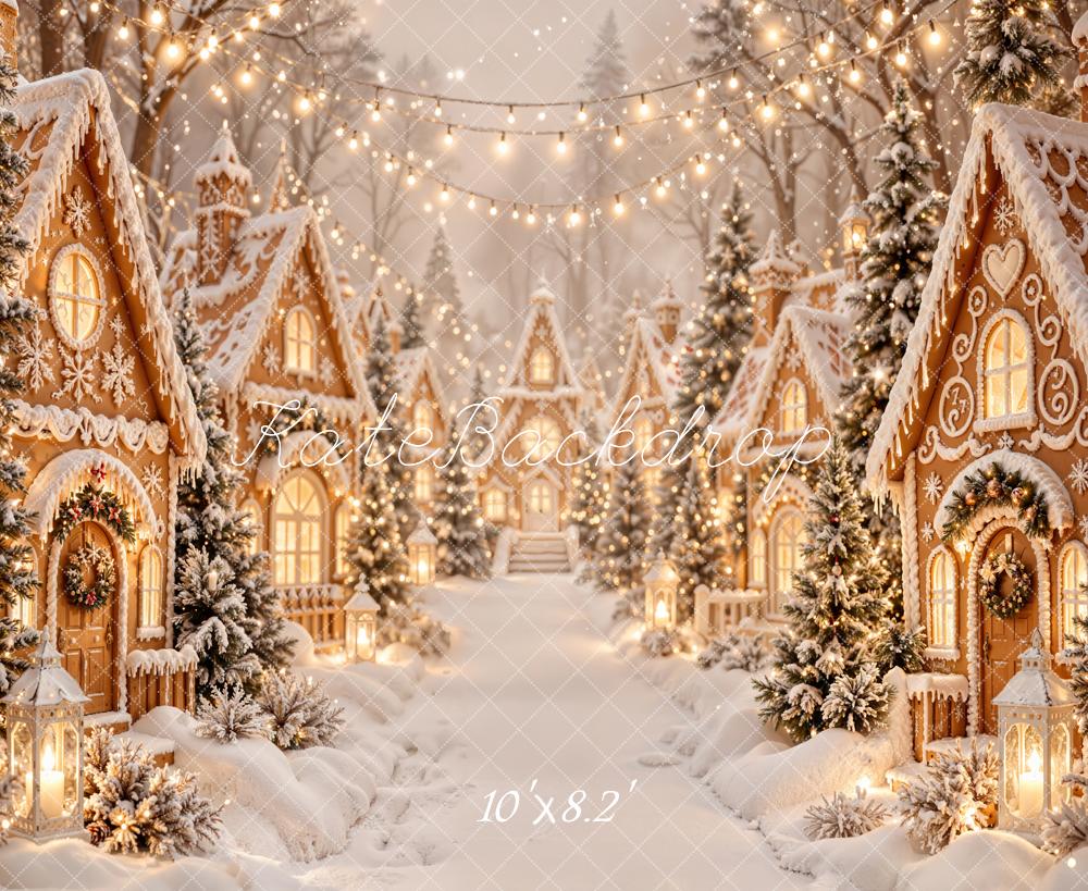 Kate Christmas Gingerbread Village Snowy Trees String Lights Printed Backdrop Designed by Emetselch