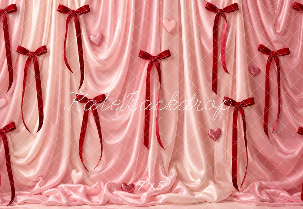 Kate Valentine's Day Pink Satin Drapes Ribbons Hearts Printed Backdrop Designed by Emetselch