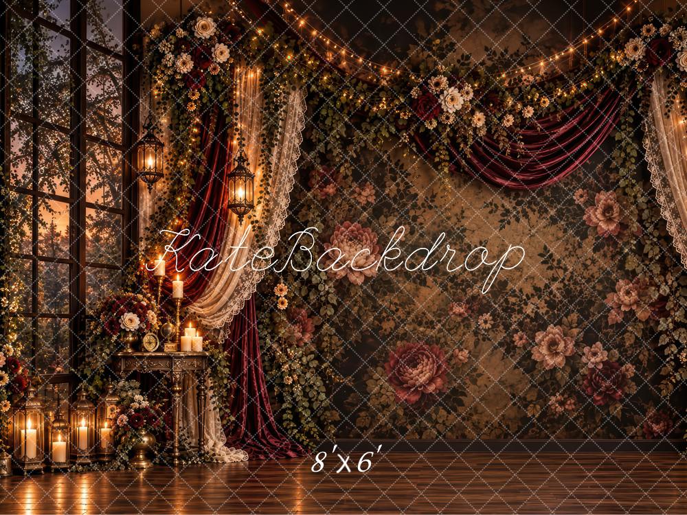 Kate Elegant Dark Brown Gothic Floral Candlelit Drapes Printed Backdrop Designed by Laura Bybee