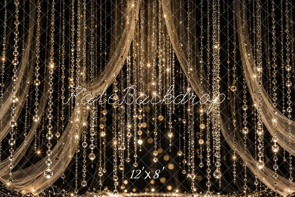 Kate Celebration Black Gold Crystal Bead Curtain Drapery Printed Backdrop Designed by Emetselch