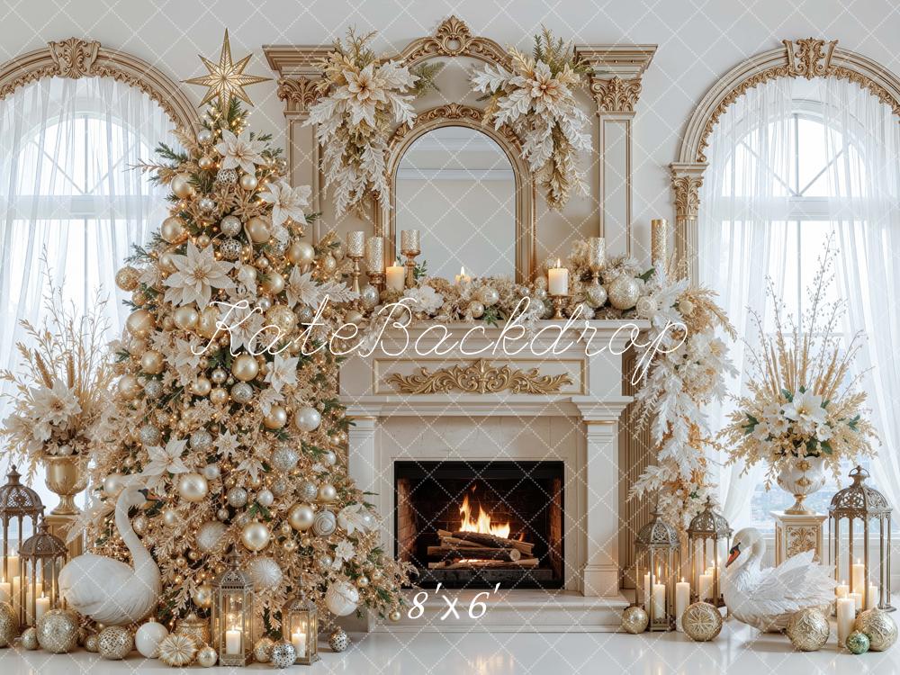 Kate Christmas Tree Luxury Gold Fireplace Garland Poinsettia Printed Backdrop Designed by Mini MakeBelieve