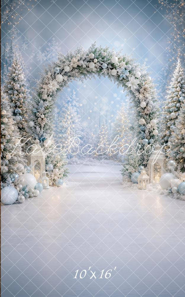 Kate Sweep Christmas Wonderland Frosted Arch Snowy Floral Printed Backdrop Designed by Happy Squirrel Design
