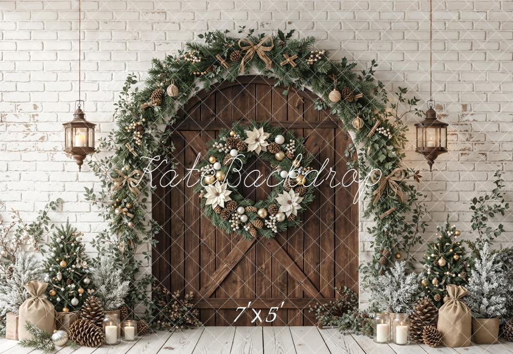 Kate Christmas Wooden Door Garland Wreath White Brick Printed Backdrop Designed by Emetselch