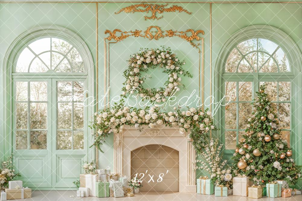 Kate Christmas Tree Floral Fireplace Green Window Backdrop Designed by Emetselch