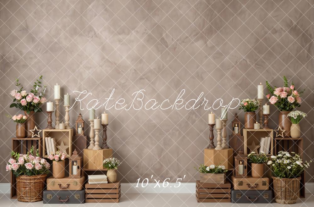 Kate Vintage Flowers Candles Wooden Crates Brown Printed Backdrop Designed by Mini MakeBelieve