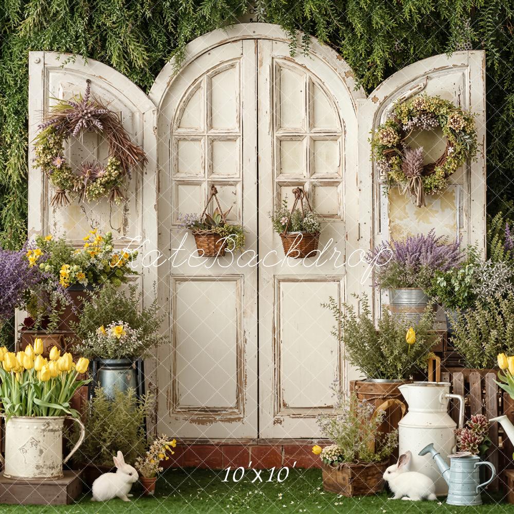 Kate Spring Flower Garden Rustic Door Wreaths Bunnies Printed Backdrop Designed by Emetselch