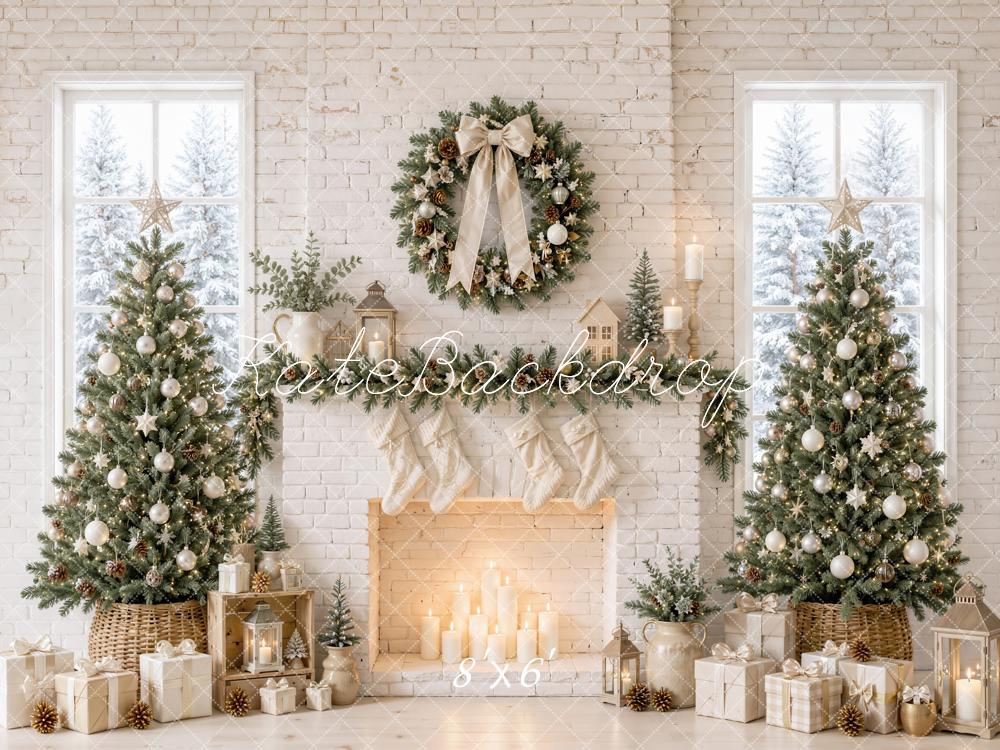 Kate Christmas Trees White Brick Fireplace Wreath Printed Backdrop Designed by Emetselch
