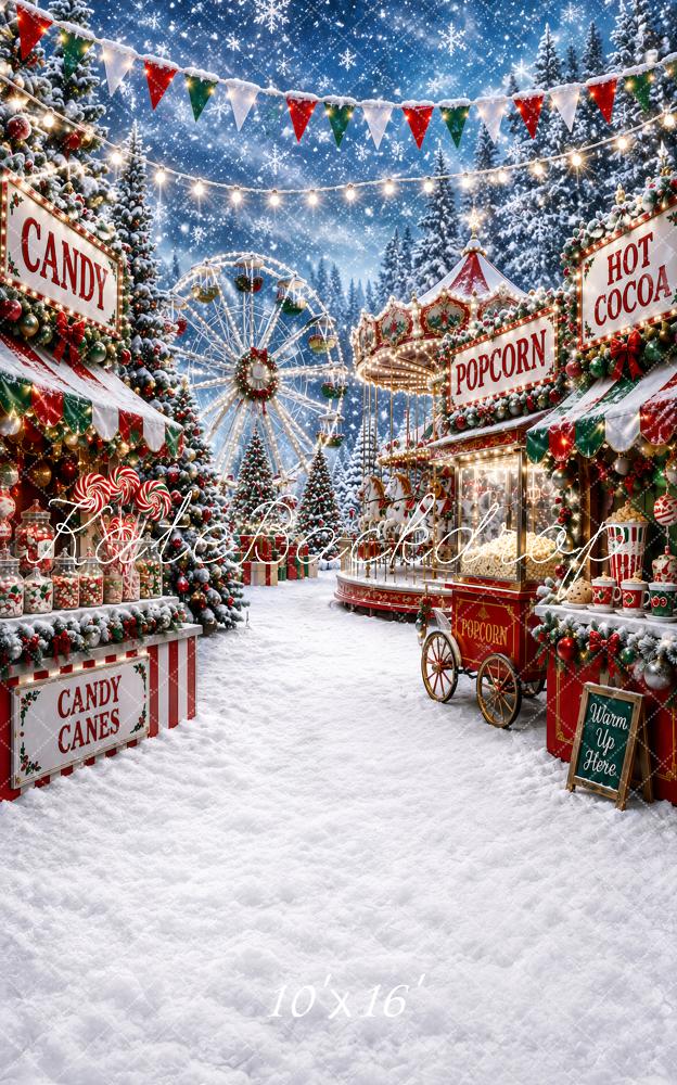 Kate Sweep Christmas Snowy Amusement Park Carnival Carousel Ferris Wheel Stand Printed Backdrop Designed by Ashley Paul