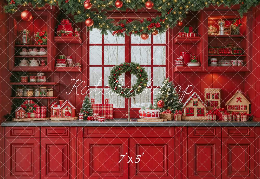 Kate Christmas Red Kitchen Cabinet Garland Gingerbread House Wreath Backdrop Designed by Emetselch