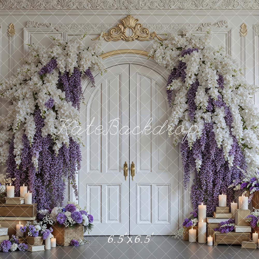 Kate Flower Arch Ornate White Door Purple Wisteria Backdrop Designed by Mini MakeBelieve