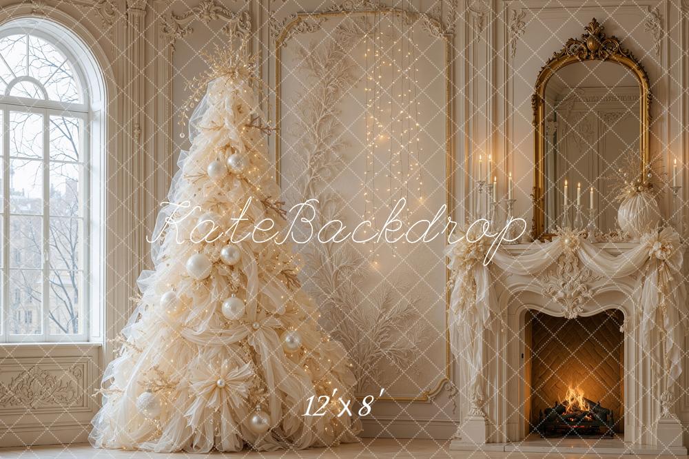 Kate Christmas Tree Luxury Ivory Tulle Fireplace Mirror Printed Backdrop Designed by Shutter Swan Studios