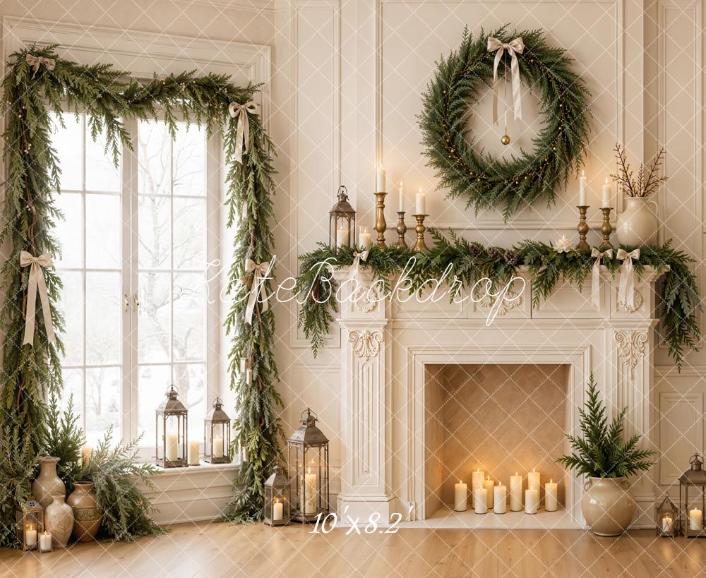 Kate Christmas Fireplace Corner Window Wreath Garland Candles Printed Backdrop Designed by Emetselch