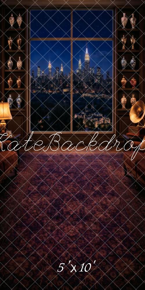 Kate Sweep Night City Skyline Window Cabinet Lamps Printed Backdrop Designed by Vertigo Productions