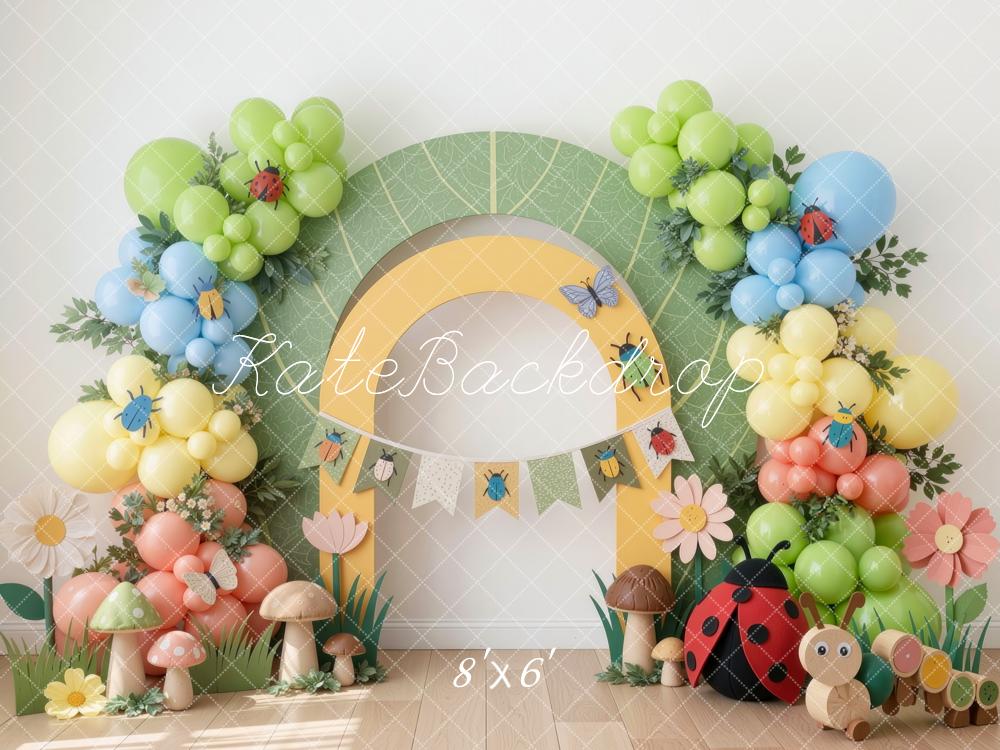 Kate Cake Smash Cute Insects Caterpillar Balloons Arch Mushrooms Ladybug Printed Backdrop Designed by Mini MakeBelieve