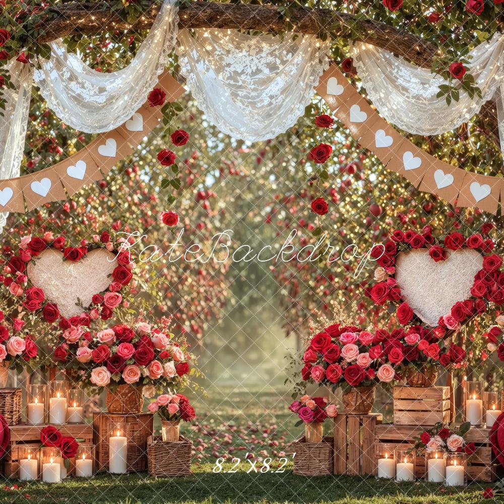 Kate Valentine's Day Rose Garden Hearts Lace Drapes Printed Backdrop Designed by Mini MakeBelieve