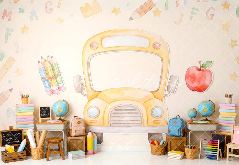 Kate Back to School Yellow School Bus Classroom Supplies Printed Backdrop Designed by Patty Roberts