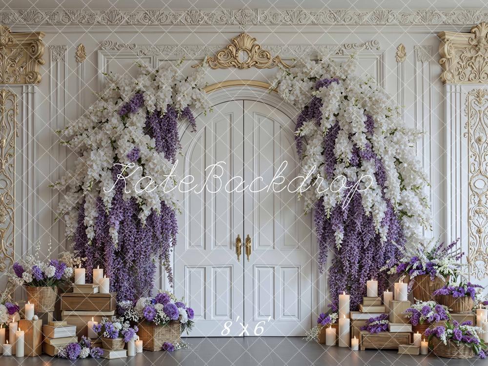 Kate Flower Arch Ornate White Door Purple Wisteria Backdrop Designed by Mini MakeBelieve